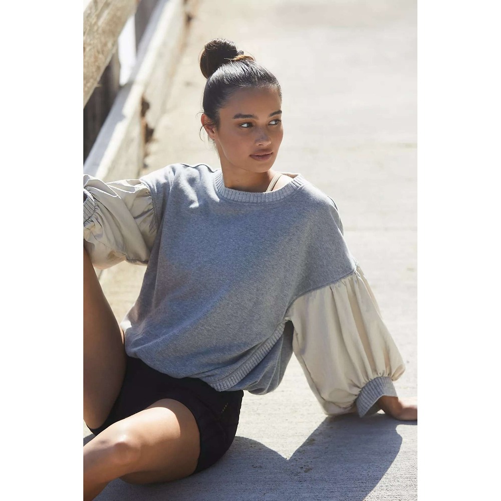 FP Movement by Free People Gray Sweatshirt with Cream Puff Sleeves